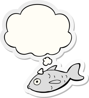 Düşünce baloncuklu karikatür balığı insan tarafından çizilmiş bir çıkartma.