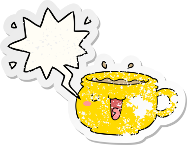 Tatlı çizgi film kahve fincanı. Konuşma baloncuğu. Bir insan tarafından çizilmiş sıkıntılı eski bir çıkartma.