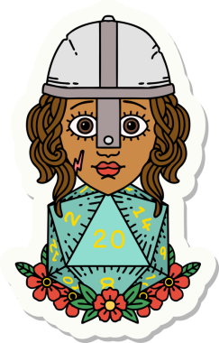 İnsan dövüşçüsünün çıkartması. Bir insan tarafından çizilmiş 20 D20 zarlı.