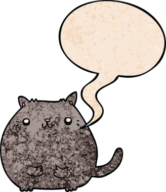 Konuşma baloncuğu olan çizgi film kedisi insan tarafından çizilmiş eski moda dokular.