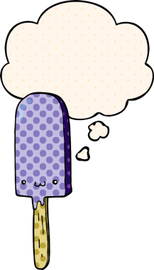 Bir insan tarafından çizilmiş çizgi roman tarzındaki düşünce baloncuklu buz lolipopu.