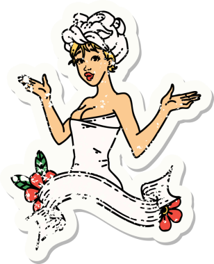 Geleneksel bir stil olan, havluyla pankart çizmiş, insan dövmeli bir kız dövmesi.