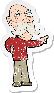 Çizgi filmin gerilimli retro çıkartması. Sinirli yaşlı bir adam bir insan tarafından çizilmiş.