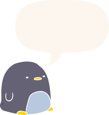 Bir insan tarafından çizilmiş konuşma baloncuğu olan sevimli penguen çizgi filmi.