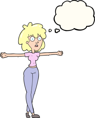 Düşünce baloncuğu çizen kadın bir insan tarafından çekilen kolları açıyor.