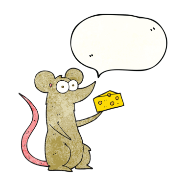 Bir insan tarafından çizilmiş peynirli karikatür fare desenli serbest konuşma balonu.