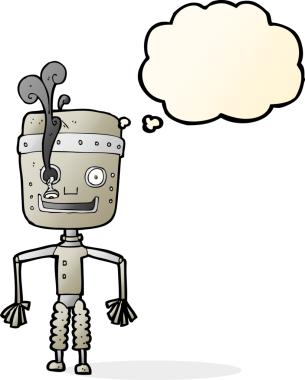 Bir insan tarafından çizilmiş düşünce baloncuğu olan arızalı bir robot.