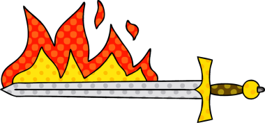 Çizgi roman stili tuhaf bir çizgi film. Bir insan tarafından çizilmiş alevli kılıç.