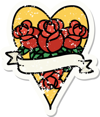 Geleneksel bir kalp stili ve insan tarafından çizilmiş çiçekli pankart dövmesi.