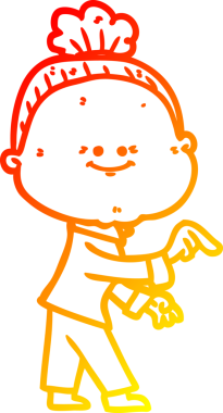 Bir insan tarafından çizilmiş mutlu, yaşlı bir kadının sıcak çizgi çizimi.