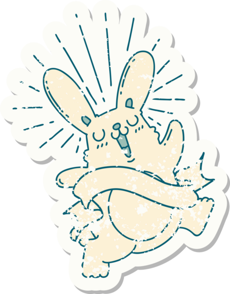 Dövme stili eski bir çıkartma. Bir insan tarafından çizilmiş zıplayan tavşan.