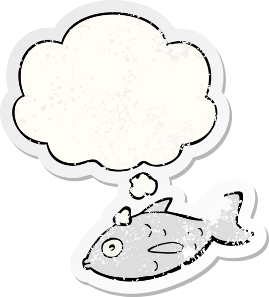 Düşünce baloncuklu karikatür balığı insan tarafından çizilmiş yıpranmış bir çıkartma gibi.
