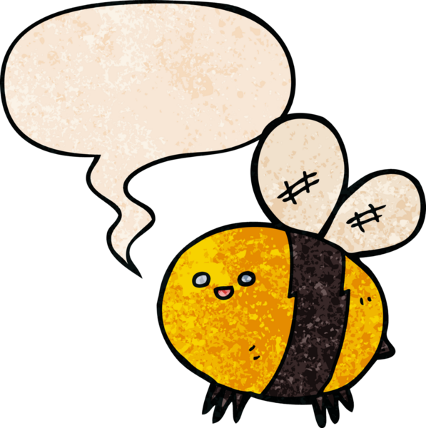 Konuşma baloncuğu olan çizgi film arısı insan tarafından çizilmiş eski moda dokular.