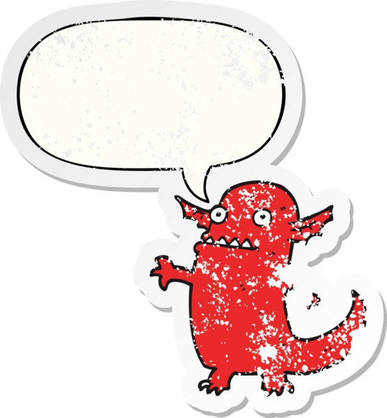 Konuşma baloncuklu bir cadılar bayramı canavarı bir insan tarafından çizilmiş sıkıntılı eski bir çıkartma.