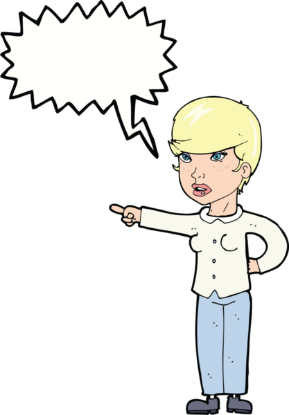 Bir insan tarafından çizilmiş bir konuşma balonuyla suçlanan çizgi film kadını.