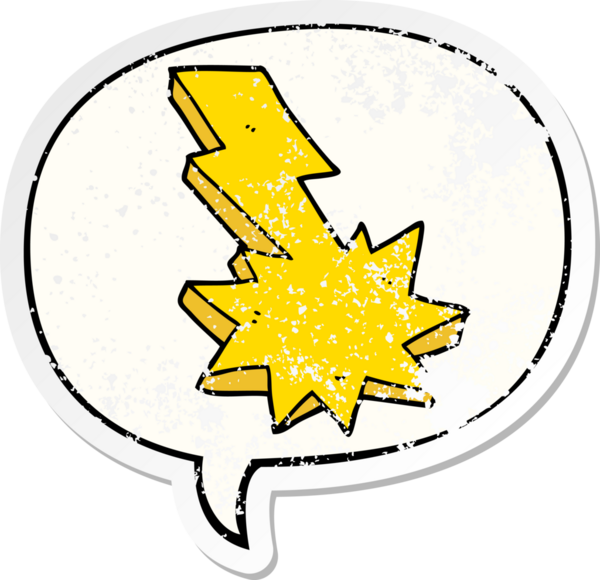 Karikatür yıldırımı, konuşma baloncuğuyla vuruyor. Bir insan tarafından çizilmiş sıkıntılı eski bir çıkartma.