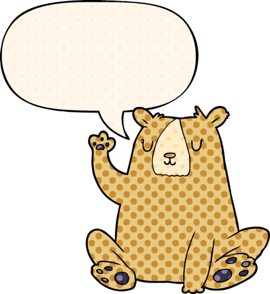 çizgi film ayısı; bir insan tarafından çizilmiş çizgi roman tarzında konuşma baloncuğuyla el sallıyor.