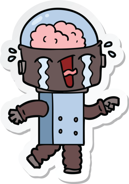 Bir insan tarafından çizilmiş, ağlayan bir robot çıkartması.