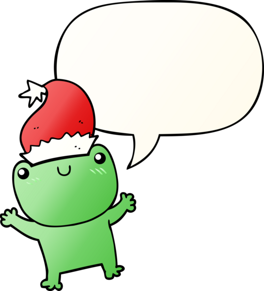 Bir insan tarafından çizilmiş konuşma baloncuklu Noel şapkası takan sevimli bir kurbağa.