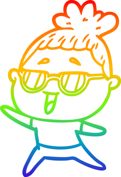 Bir insan tarafından çizilmiş gözlük takan mutlu bir kadının çizgi çizimi.