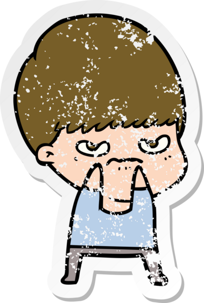 Bir insan tarafından çizilmiş kızgın bir çizgi film çocuğunun sıkıntılı çıkartması.