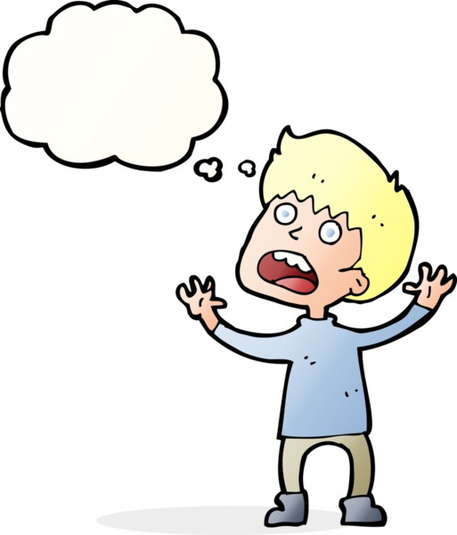 Çizgi film, bir insan tarafından çizilmiş düşünce balonu olan stresli bir çocuk.