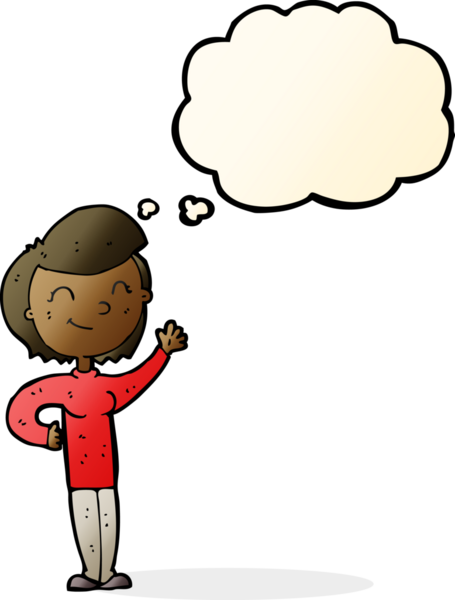 Bir insan tarafından çizilmiş düşünce balonlu, çizgi film dostu el sallayan kadın.