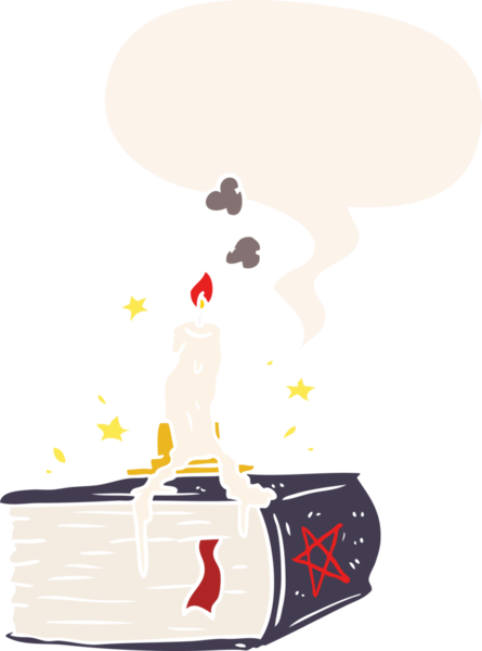 Bir insan tarafından çizilmiş eski tarz konuşma baloncuğu ile mum damlatan ürkütücü çizgi film büyü kitabı.