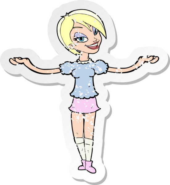 Bir insan tarafından çizilmiş açık kollu jest yapan karikatürlü bir kadının gerilimli çıkartması.