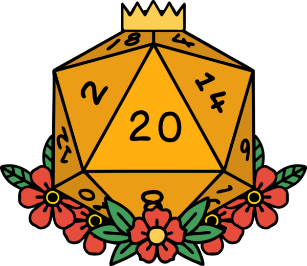 Retro Dövme Biçimi Doğal 20 D20 zar bir insan tarafından çizilmiş çiçek elementleriyle