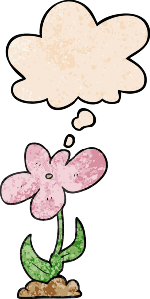 Bir insan tarafından çizilmiş grunge desenli düşünce baloncuğu olan karikatür çiçeği