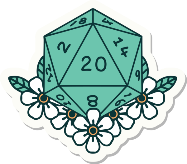 Bir insan tarafından çizilmiş 20 D20 zarının etiketi.
