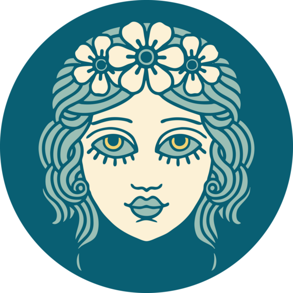 Bir insan tarafından çizilmiş çiçek desenli ikonik bir kadın yüzü.