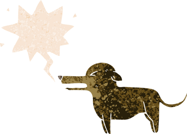 Bir insan tarafından çizilmiş grunge dertli retro tarzı konuşma baloncuğu ile çizgi film köpeği