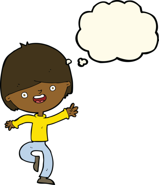 Bir insan tarafından çizilmiş düşünce baloncuğuyla dans eden mutlu çocuk.