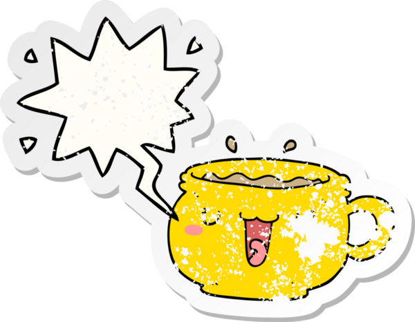 Tatlı çizgi film kahve fincanı. Konuşma baloncuğu. Bir insan tarafından çizilmiş sıkıntılı eski bir çıkartma.