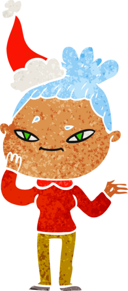 Bir insan tarafından çizilmiş Noel Baba şapkası giyen bir kadının el çizimi karikatürü.