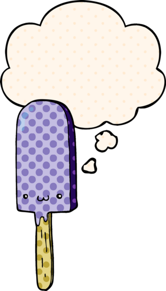 Bir insan tarafından çizilmiş çizgi roman tarzındaki düşünce baloncuklu buz lolipopu.