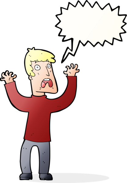 Bir insan tarafından çizilmiş konuşma baloncuğu olan korkmuş bir adam.