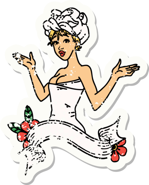 Geleneksel bir stil olan, havluyla pankart çizmiş, insan dövmeli bir kız dövmesi.