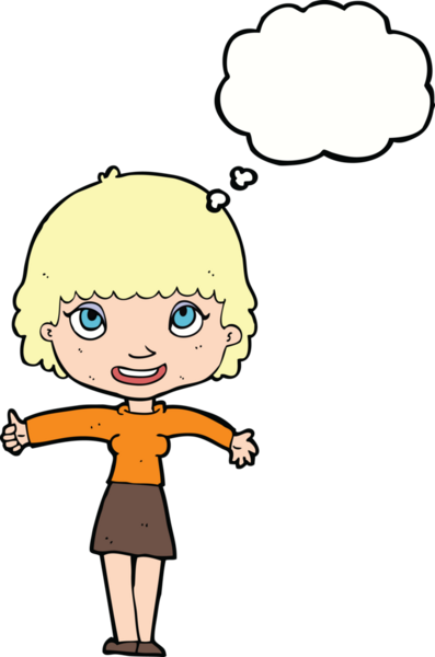 Bir insan tarafından çizilmiş düşünce balonlu mutlu kız çizgi filmi.