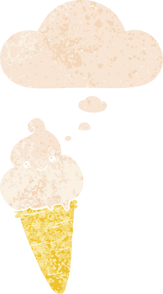 Düşünce baloncuklu çizgi film dondurması grunge sıkıntılı retro desenli bir insan tarafından çizilmiş