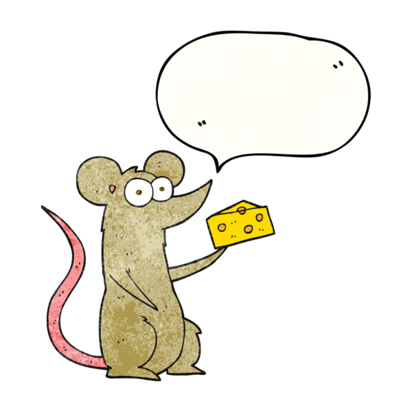 Bir insan tarafından çizilmiş peynirli karikatür fare desenli serbest konuşma balonu.