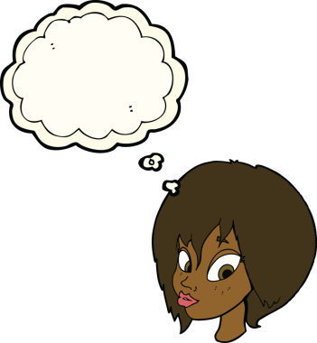 Bir insan tarafından çizilmiş düşünce baloncuğuyla somurtan güzel kadın yüzü.