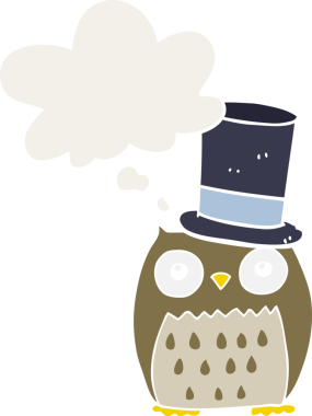 Düşünce baloncuğu olan silindir şapka takan bir baykuş insan tarafından çizilmiş.