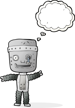 Bir insan tarafından çizilmiş düşünce baloncuklu komik robot.