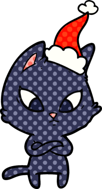 Kafası karışmış bir el çizimi çizgi roman tarzı Noel Baba şapkası takan bir kedi bir insan tarafından çizilmiş.