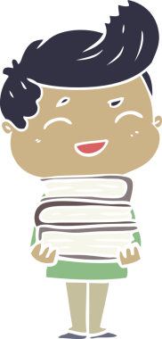 Düz renkli karikatür adam elinde bir insan tarafından çizilmiş kitaplarla gülüyor.