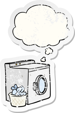 Düşünce baloncuklu çizgi film çamaşır makinesi insan tarafından çizilmiş yıpranmış bir çıkartma gibi.