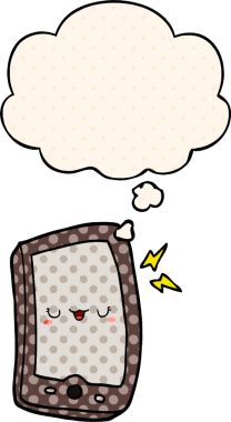 Bir insan tarafından çizilmiş çizgi roman tarzında düşünce baloncuğu olan şirin bir cep telefonu.